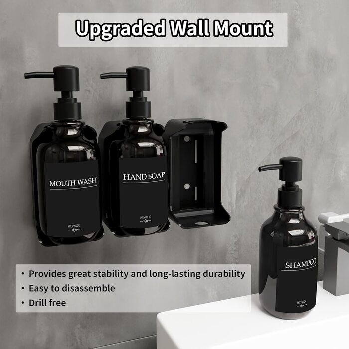 Набір з 3 дозаторів рідкого мила 500 мл з настінним тримачем, чорний колір HCYWOC