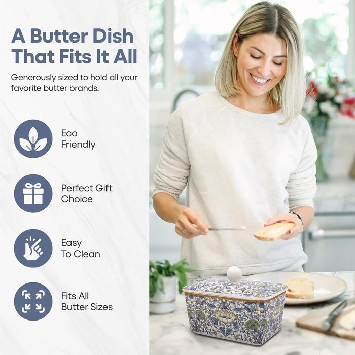 Маслянка з кришкою, китайська кераміка, з гарними акварельними мотивами, розроблена галереєю Дженніфер Роуз для Busy Bees (білий, колір слонової кістки або кремовий)