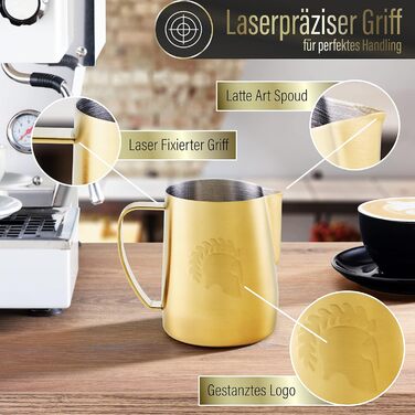 Глечик для молока Barista Legends з нержавіючої сталі 350 мл зі спеціальним носиком для лате-арту - Глечик для спінювання молока з високим глянцевим покриттям - Глечик для молока Barista з нержавіючої сталі - Аксесуари Barista (Ares Gold)
