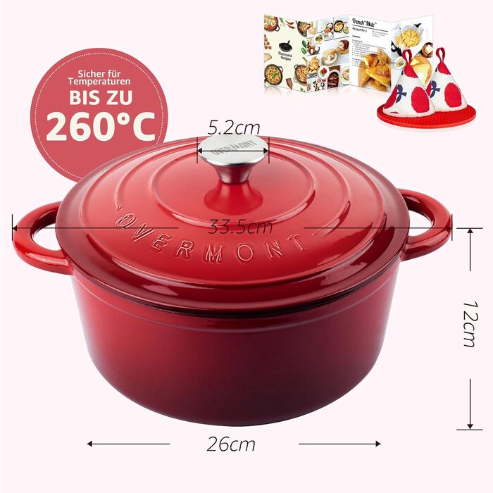 Чавунна форма для запікання Overmont Enamel - 26 см, придатна для використання в духовці, з кришкою та кулінарною книгою - для випікання, тушкування, запікання, білого кремового кольору (26 см-5,2 л, червоного кольору)