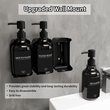 Набір з 3 дозаторів рідкого мила 500 мл з настінним тримачем, чорний колір HCYWOC