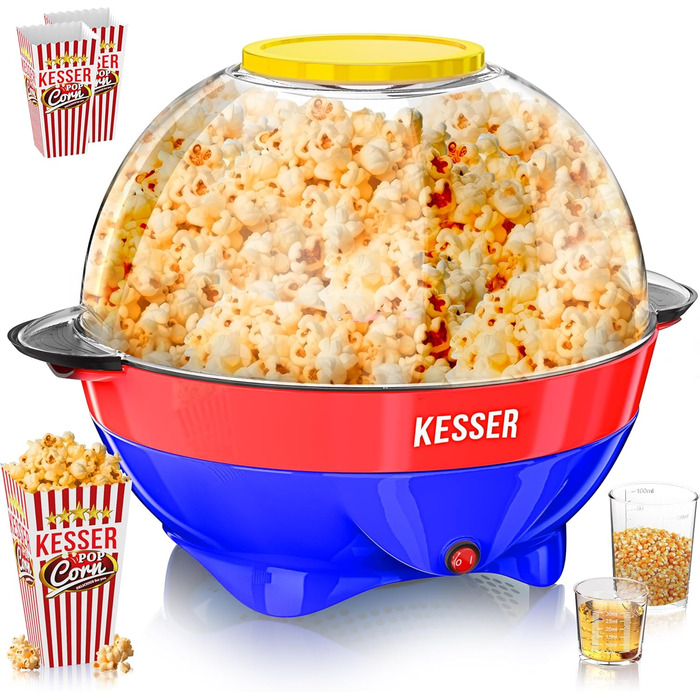 Велика машина для попкорну KESSER 800 Вт Машина для попкорну об&39ємом 5,5 л з кришкою з антипригарним покриттям та сервірувальною мискою для олії, масла, цукру, тиха та швидка, включаючи мірну чашку та чашку для попкорну, знімна нагрівальна поверхня (син