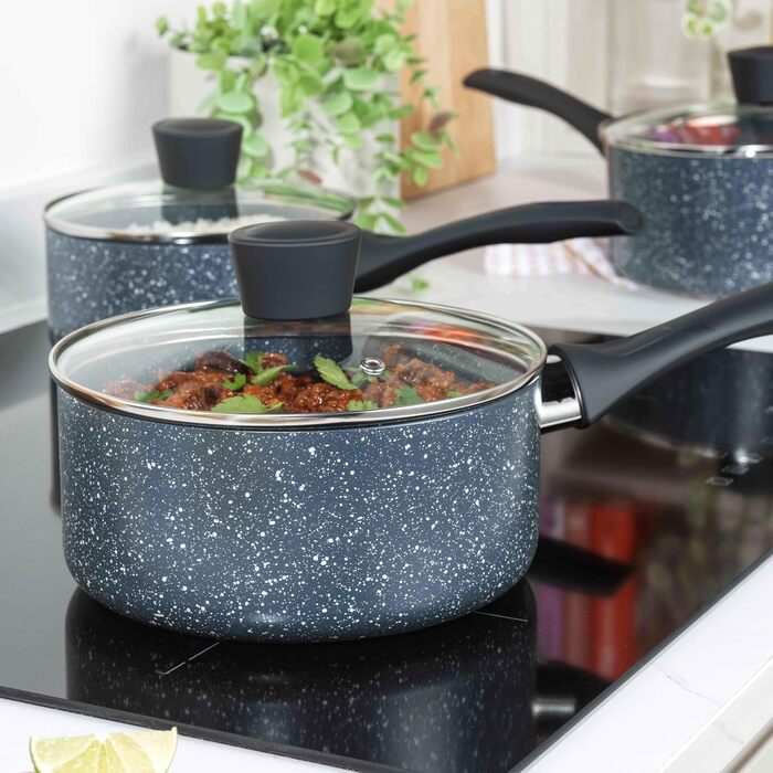 Каструля Russell Hobbs RH00845EU з антипригарним покриттям - 18 см/2 л з кришкою із загартованого скла, індукційна каструля, каструля для овочів/бульйону з бакелітовою ручкою та термостійким зовнішнім покриттям, каструля для приготування Nightfall Stone 1