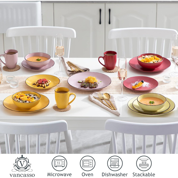 Столовый сервиз из керамогранита, набор посуды vancasso MODA, винтажный внешний вид, комбинированный сервиз из 40 предметов с 8 тарелками, тарелками для тортов, суповыми тарелками, мисками и чашками каждая (красочный, набор посуды из 48 предметов)