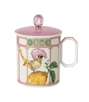 Кружка с ручкой и крышкой 0,39 л Королевская мухоловка в розовой рамке, IDYLLIA Swarovski x Rosenthal