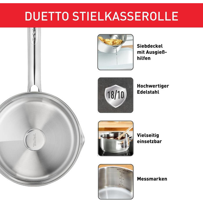 Каструля Tefal Duetto A70542 виготовлена з високоякісної нержавіючої сталі 18/10, градуйована, з кришкою, підходить для всіх типів плит, включаючи індукційні (Guisera 16 см)