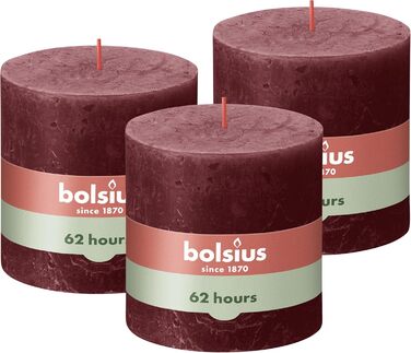 Свічка Bolsius Rustic Pillar XXL - 3 шт. и - 10 x 10 см - Декоративні побутові свічки - Час горіння 62 години - Без запаху - Містить натуральний рослинний віск - Без пальмової олії (бордовий червоний)