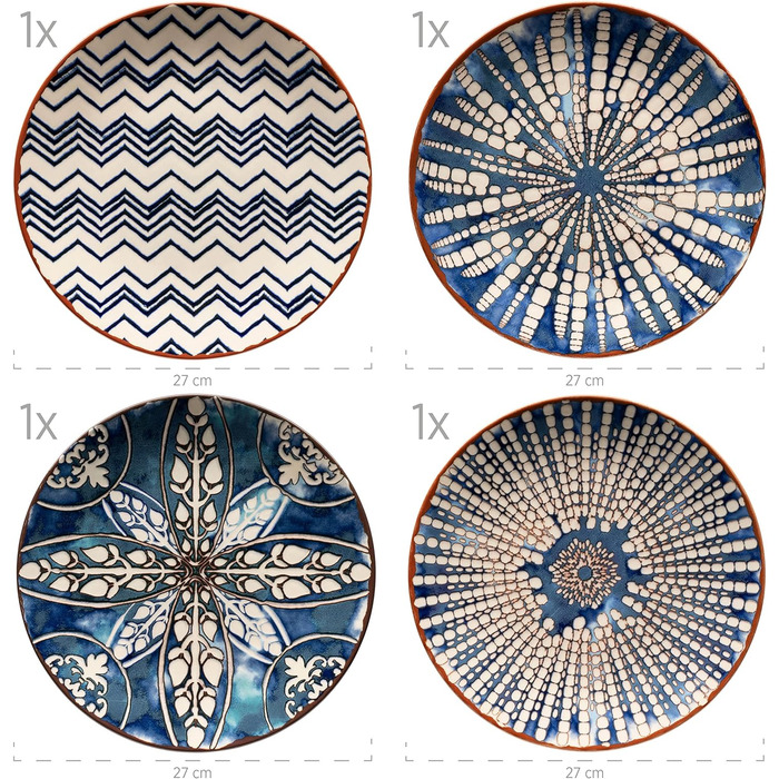 Обідній сервіз з 12 предметів на 4 особи в мавританському стилі, набір тарілок з різними вінтажними візерунками в білому та блакитному кольорах, керамограніт, 934017 Iberico Blue