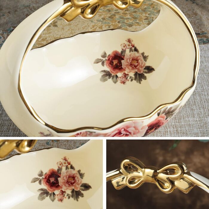 Порцелянова миска fanquare з хвилястими краями та квітковим принтом, вінтажна салатниця, керамічна фруктовниця на ніжці для вечірок (золота (кошик з фруктами))