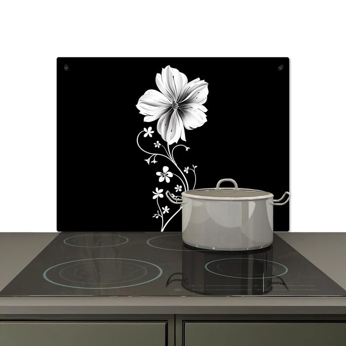 Фартух для плити, кухонний фартух, вініл, 78x52 см, декор для кухні, облицювання стіни, кришка для плити - сіро-чорна (квітка - чорна, 52Д x 71Ш см)
