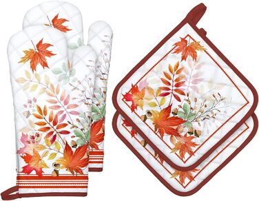 Набір з 2 кухонних рукавиць Arquiel з тримачем для каструлі Gnome Autumn Orange Checked, 100 бавовняні кулінарні рукавички, термостійкі кухонні рукавички для приготування їжі, осінній декор, подарунки для жінок з кленовим листям (осіннє кленове листя, 2 к
