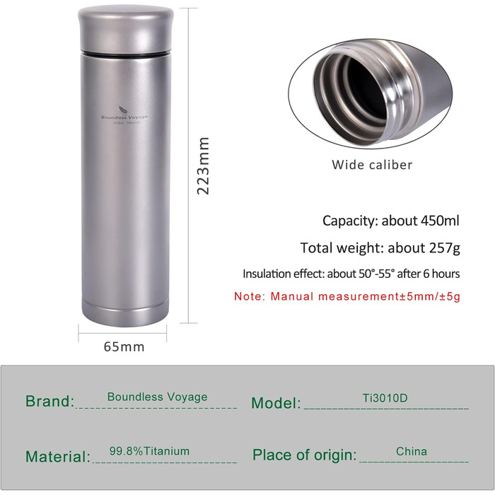 Безмежна подорож Титанова подвійна стінна вакуумна чашка Спортивна пляшка для води з фільтром Чай Кава Вино Віскі Теплоізольована кружка для піших прогулянок Кемпінг Ti3009/10D (450 мл)