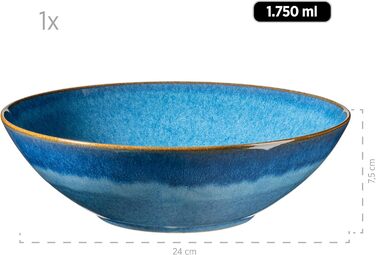 Набор из 7 керамических мисок, 1 большая чаша и 6 мисок для салатов, мюсли, супов или пасты, с винтажной глазурью синего цвета, керамогранит, королевский синий, 931947 Series Ossia