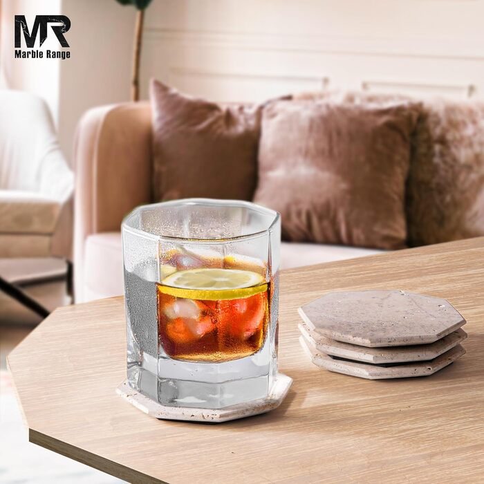 Підставки під чашки з мармуру з підставкою, 8.9 см, з оніксу, ручної роботи, для офісу, напоїв, кави та бару, на обідній стіл, набір з 6 шт. (Травертин)