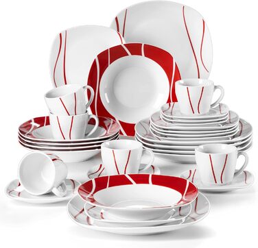 Серія Felisa, порцеляновий столовий сервіз з 36 предметів з 6 плоскими тарілками, 6 тарілок для тортів, 6 тарілок для супу, 6 чашок, 6 блюдець, 6 мисок на 12 персон (набір посуду 30 шт. )