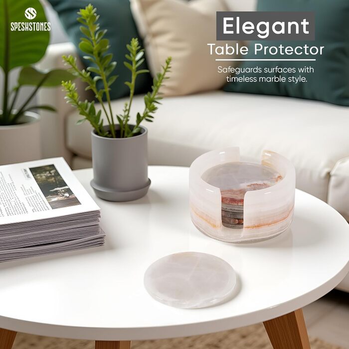 Мармурові підставки під напої, зелені, 8,9 см, круглі, кам'яні підставки з тримачем ідеальні підставки для кав'ярень, подарунків, обіднього столу та декору для дому, набір з 6 шт. (Білий онікс)