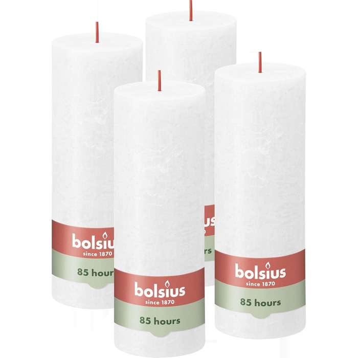 Свічки Bolsius Rustic Pillar - Оливково-зелені - Набір з 4 шт. - Декоративні побутові свічки - Час горіння 60 годин - Без запаху - Натуральний рослинний віск - Без пальмової олії - Оливково-зелені (19 x 7 см, Білі)
