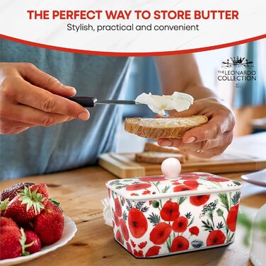 Маслянка з кришкою, китайська кераміка, з гарними акварельними мотивами, дизайн від Jennifer Rose Gallery для Busy Bees (червона/біла)