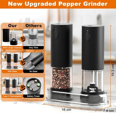 Набір із 2 електричних млинів солі та перцю на підставці, з USB-акумулятором, чорний Cokunst