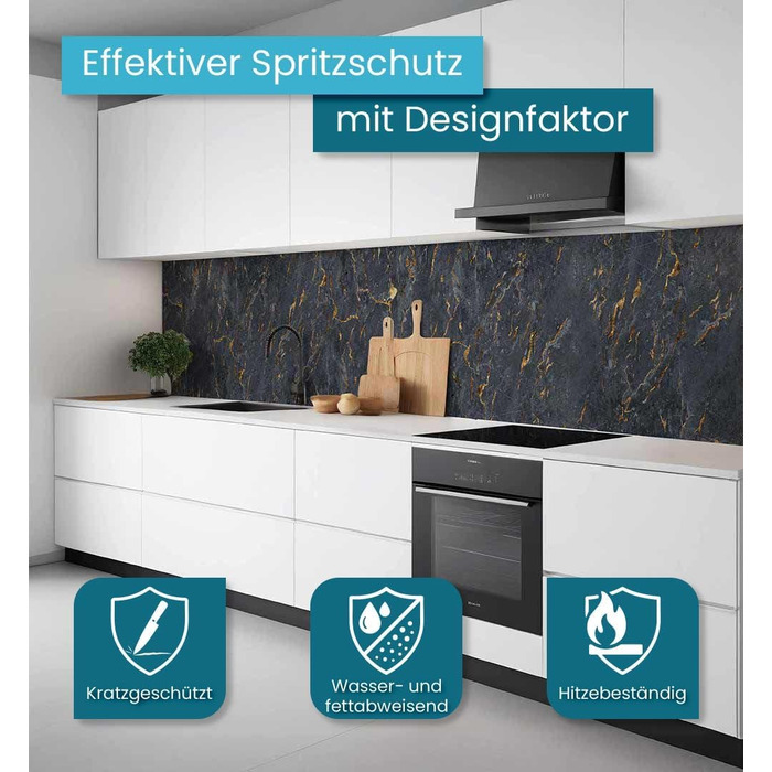 Самоклеючий кухонний фартух - матовий, преміальна бризкозахисна плівка 0,4 мм як доступна альтернатива склу, легке встановлення та очищення - висота 60 см - Дизайн Світло-сірий мармур 180 x 60 см (чорний мармур, Ш 60 см x В 60 см, 0,2 мм)