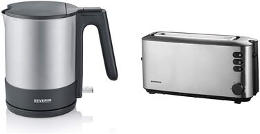 Чайник SEVERIN, потужний і компактний чайник з нержавіючої сталі у високоякісному дизайні, електричний чайник з фільтром від накипу, нержавіюча сталь/чорний, WK 3409, (комплект з автоматичним тостером з довгим отвором)