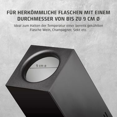 Охолоджувач для вина, розрахований на одну пляшку, з температурним режимом 5-18C, для пляшок діаметром до 9 см, сенсорне керування, корпус з нержавіючої сталі чорного кольору.