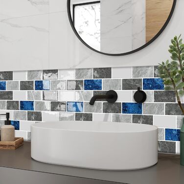 Мозаїчна плитка DEWOO 3D, наклейки на стіну, клейка плитка Metro, самоклеюча імітація плитки для кухні та ванної кімнати - штука, (30,5 x 30,5 см) (10, мармурово-синій)