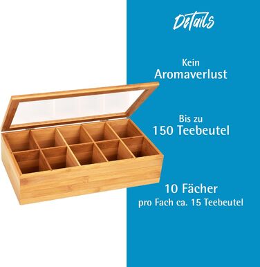 Бамбукова чайна коробка GRWE з 10 відділеннями, кришкою на петлях, оглядовим віконцем, коробка для чайних пакетиків для зберігання чаю з захистом від аромату - 36 x 20 x 9 см Бамбук, велика - 10 відділень