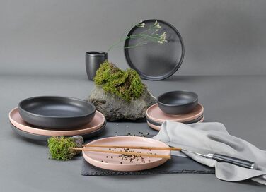 Серія Uno набір посуду з 16 предметів, комбінований набір з кераміки (троянда чорний, столовий сервіз 8 предметів), 22978