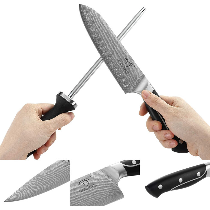 Набір кухонних ножів Damast 9er з блоком для ножів з бука, професійні кухарські ножі, набір кухонних ножів VG10 з гострими лезами (дуб)