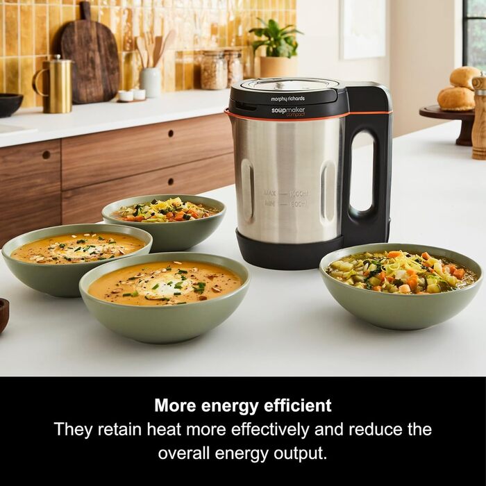 Компактна суповарка Morphy Richards 501021 з нержавіючої сталі, 1 літр, 900 Вт, чорний колір та нержавіюча сталь, 1 л, одинарне ліжко