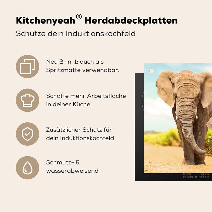 Фартух для плити, кухонний фартух, вініл, 78x52 см, декор для кухні, облицювання стіни, кришка для плити - сіро-чорна (слони - тварини, 52,7Д x 91,6Ш см)