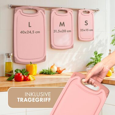 Набір обробних дощок Blumtal 3 розміри (S/M/L) - Велика пластикова обробна дошка з пазами для соку та ручкою - Міцна кухонна обробна дошка без BPA (рожевий колір, комплект з 3 предметів)