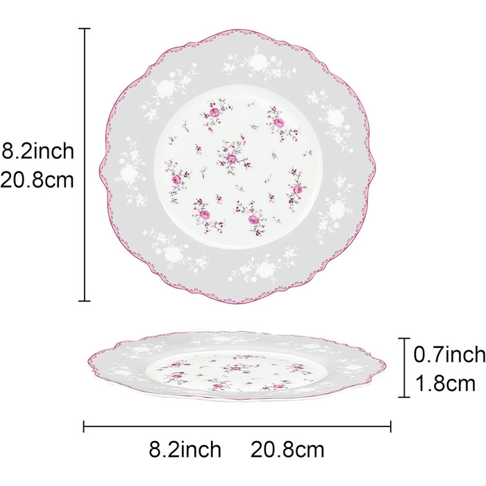 Набір обідніх тарілок fanquare з 4 білих порцелянових тарілок, Ø 275 мм, плоскі тарілки, королівський вінтаж, рожевий квітковий набір посуду для кейтерингу та домашнього використання, обідня тарілка 10,8 дюйма (десертна тарілка 8,2 дюйма)