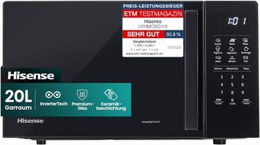 Мікрохвильова піч Hisense H20MOBP1HI / 700 Вт / InverterTech / Керамічне покриття / Преміальне скло / Виготовлена на замовлення, багатофазне приготування / Функція розморожування / 5 рівнів потужності / Блокування від дітей / Чорна (20 л, цифрове керуванн