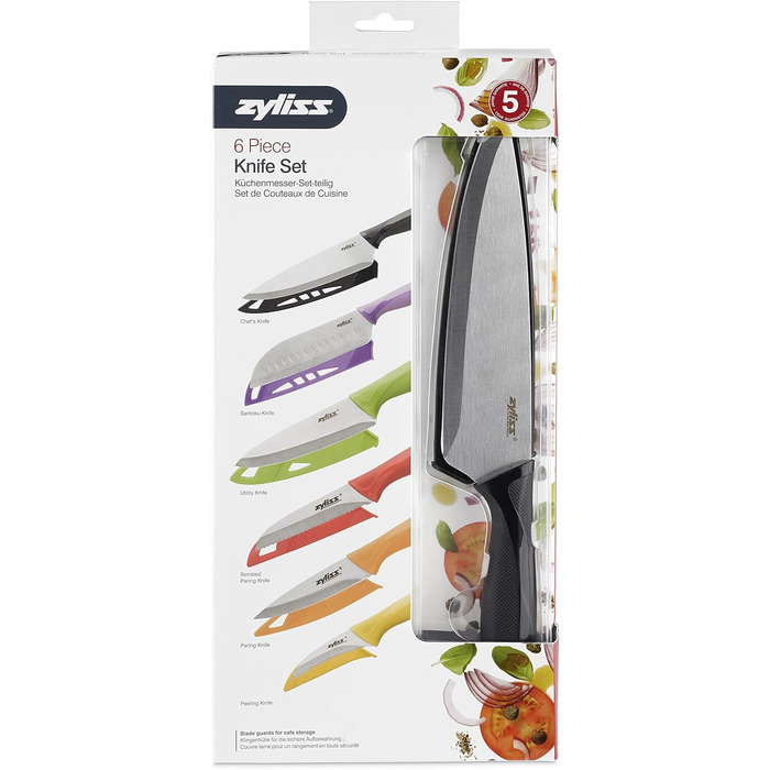 Набор ножей Zyliss E72404 3 шт., 9 см / 10 см / 14 см, зеленый / красный / фиолетовый, набор кухонных ножей Универсальный нож / нож для очистки овощей / нож для очистки овощей, гарантия 5 лет (набор из 6 ножей)