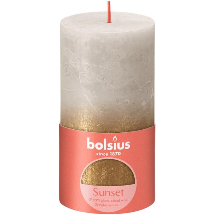 Свічки Bolsius Rustic Pillar - Металеві, що згасають - Рожево-червоні - Упаковка з 4 шт. - Тривалий час горіння 60 годин - Без запаху - Містить натуральний рослинний віск - Без пальмової олії - 13 x 7 см (13 x 6,8 см, Піщано-сірий та золотистий)