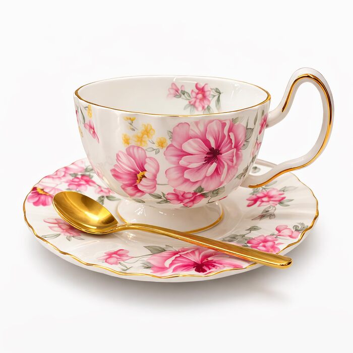 Керамічна чайна чашка з блюдцями та ложками (зима)