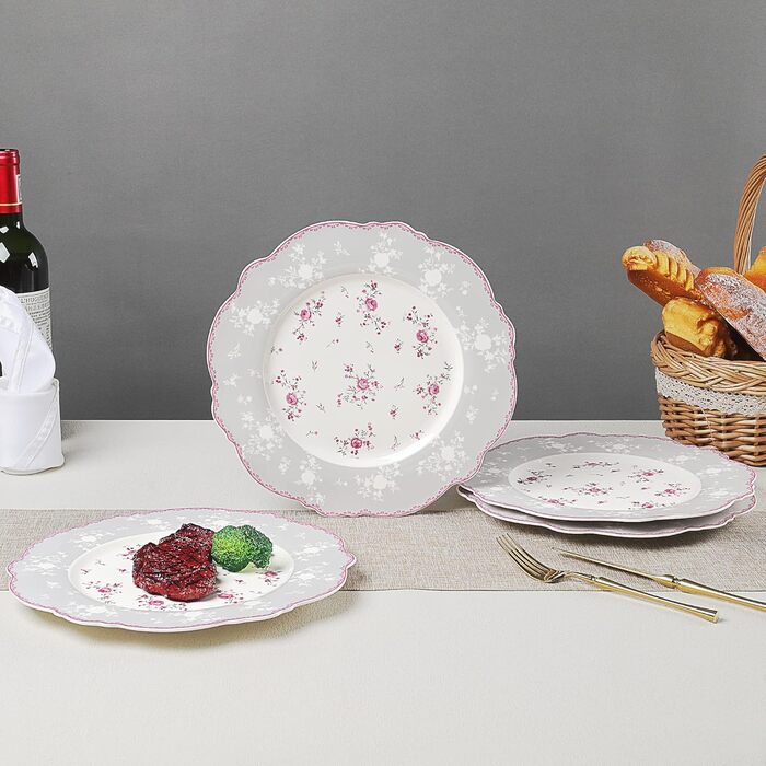 Тарілки для обіду Fanquare з білого порцеляни, набір з 4 шт. , Ø 275 мм, плоскі тарілки, Royal Vintage, рожевий квітковий набір посуду для кейтерингу та домашнього використання, обідні тарілки 10,8 дюйма