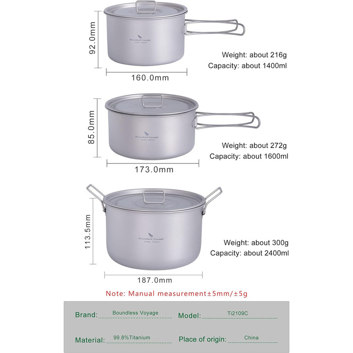 Безмежна подорож 1,4 л 1,6 л 2,4 л маленька титанова головка зі складними ручками легкий кемпінговий трекінговий набір Stockpot Кухонне приладдя (3 x горщики)