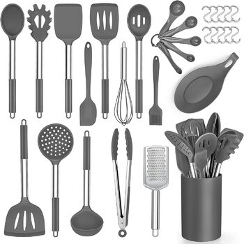 Набір кухонного посуду Herogo з 30 предметів із тримачем, силіконовий набір кухонного начиння з ручкою з нержавіючої сталі, термостійкий кухонний посуд, можна мити в посудомийній машині (сірий)