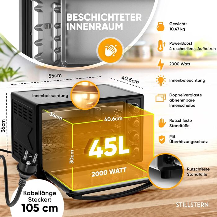Міні-піч Stillstern з конвекцією 45 л (версія для Німеччини) Піца Ø32, антипригарне покриття CYCLONE PRO, розморожування, таймер 2 години, кемпінгова міні-піч конвекційна піч для піци міні-піч невеликий гриль для курки з вертелом