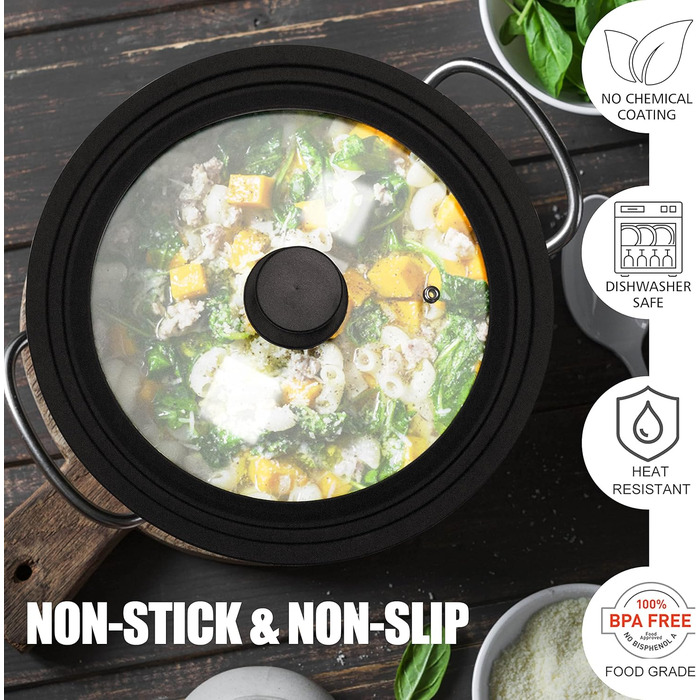 Силіконова універсальна кришка Anaeat для каструль, сковорідок та пателень загартоване скло з термостійким силіконовим обідком, підходить для посуду діаметром змінна кришка (2 чорні ручки)