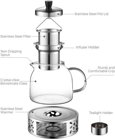 Мл Простий скляний чайник зі срібною нержавіючою сталлю 18/8 Кришка для ситечка для чаю 2 в 1 Чайник з боросилікатного скла Підходить для холодних і гарячих напоїв Підігрівач чаю з відкритим вогнем (срібний чайник типу 6 з підігрівачем, 1000 мл avec rchau