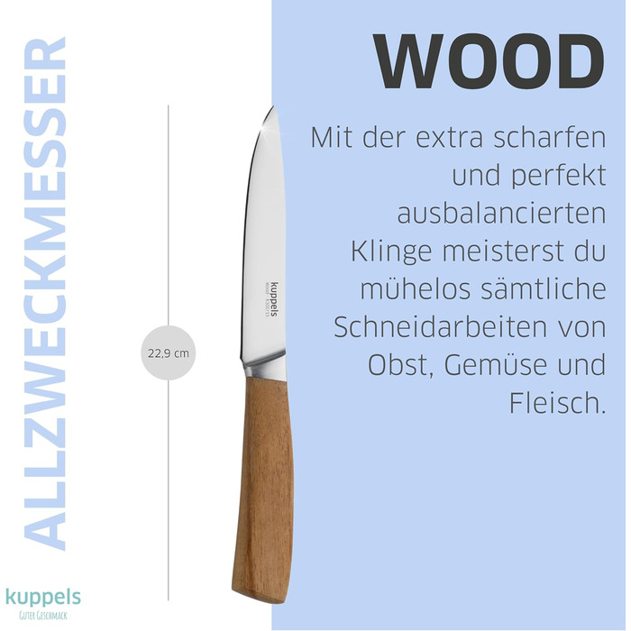 Набір кухонних ножів Kuppels WOOD, 3 предмети ніж шеф-кухаря, ніж універсальний та ніж для овочів з ручкою з акації. Надзвичайно гострий набір ножів з хромо-ванадієвої сталі, професійний набір для обробки овочів та мяса (універсальний ніж).