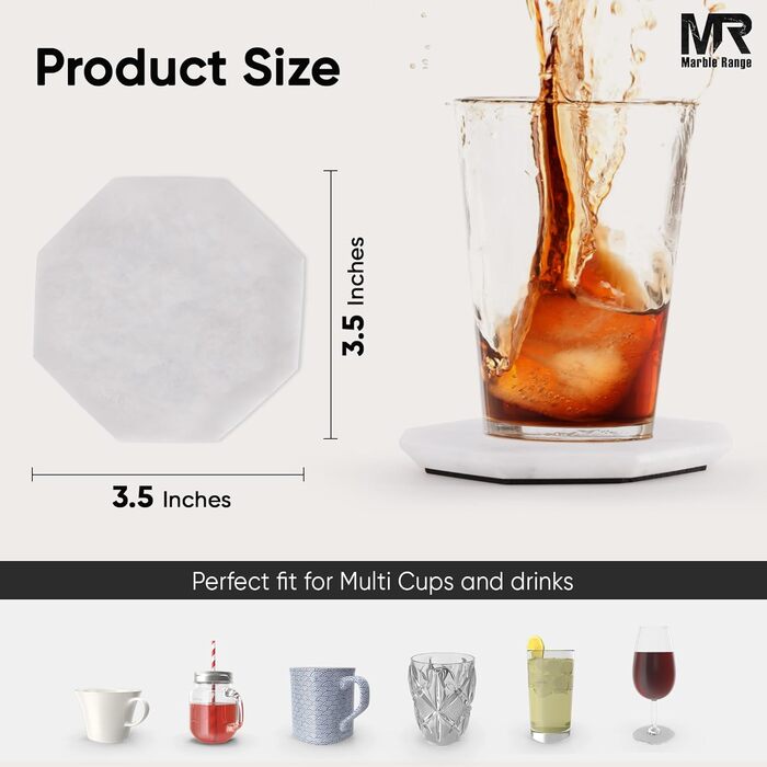 Підставки під чашки з мармуру з підставкою, 8.9 см, з оніксу, ручної роботи, для офісу, напоїв, кави та бару, на обідній стіл, набір з 6 шт. (Білі)