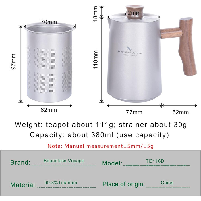 Мл Титанові чайники Набір чашок із заваркою для розсипного чаю Легкий чайник Відкритий кемпінг Дорожній чайник Чайний сервіз Пікнік Піші прогулянки Сад Офіс Домашній чайний посуд для 4 осіб Ti3117D (Ti3116D-380 мл Титановий кольоровий чайник), 380