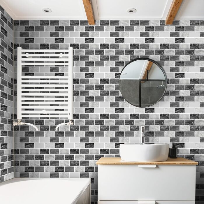 Мозаїчна плитка з клеєм, Наклейки на плитку, Настінна плитка, Клейка плитка Metro, Самоклеюча імітація плитки для кухні та ванної кімнати - Штука, (30,5 x 30,5 см) (10, Мозаїчний вигляд), 3D