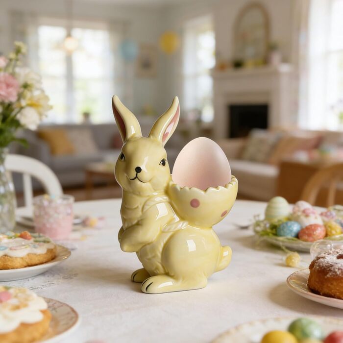 Набір із 2 порцелянових стаканчиків для яєць на Великдень, керамічні стаканчики для яєць у формі кролика, кумедні тарілки у формі пасхальних яєць у формі зайчика, можна мити в посудомийній машині, підставка для варених яєць, великодні подарунки (C жовтий)