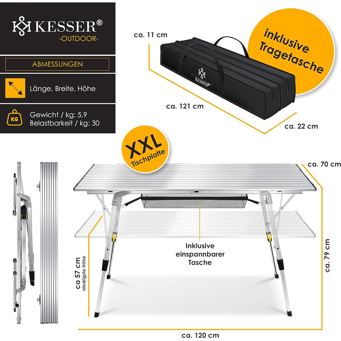 Стол для кемпинга KESSER складной стол с алюминиевой рамой Откидной стол на колесах Откидной стол Регулировка высоты, включая сумку для переноски с ремнем для переноски 90 x 53 см - до 30 кг, (120 см x 70 см, серебристый)